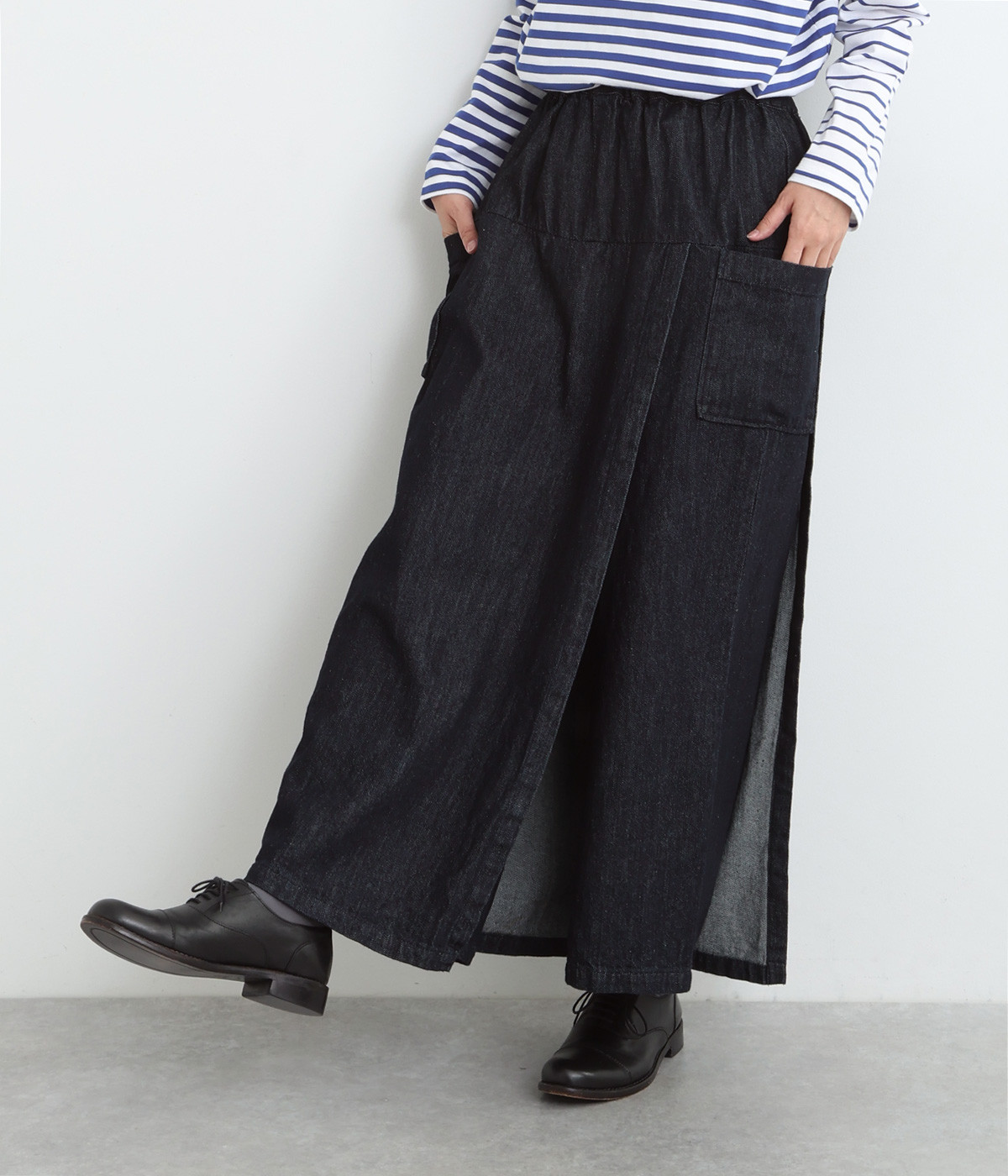 コットンリネンデニム スカート風パンツ(インディゴ-ONESIZE)