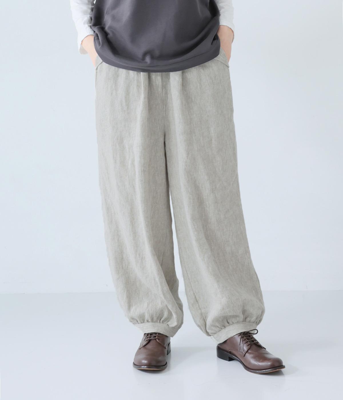 9番手リネン裾ギャザーパンツ(グレージュ-F)