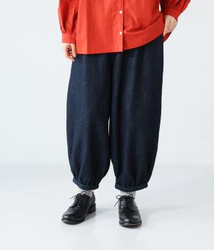 リネンコットンデニム裾ギャザーパンツ
