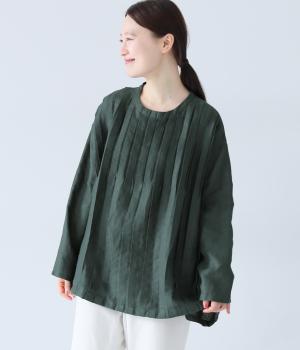 14番手リネンテレコピンタックブラウス(ダークグリーン-ONESIZE)