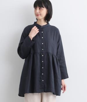 14番手リネンシャツ襟ギャザー切り替えチュニック(ネイビー-F)