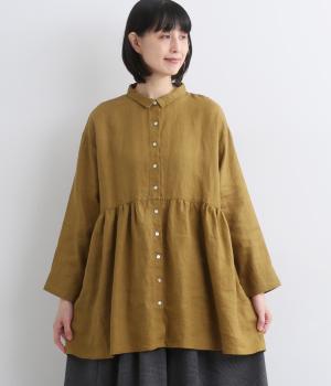 14番手リネンシャツ襟ギャザー切り替えチュニック(マスタード-F)