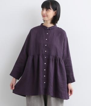 14番手リネンシャツ襟ギャザー切り替えチュニック(パープル-F)
