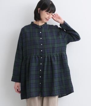 14番手リネンシャツ襟ギャザー切り替えチュニック(ブラックウォッチ-F)