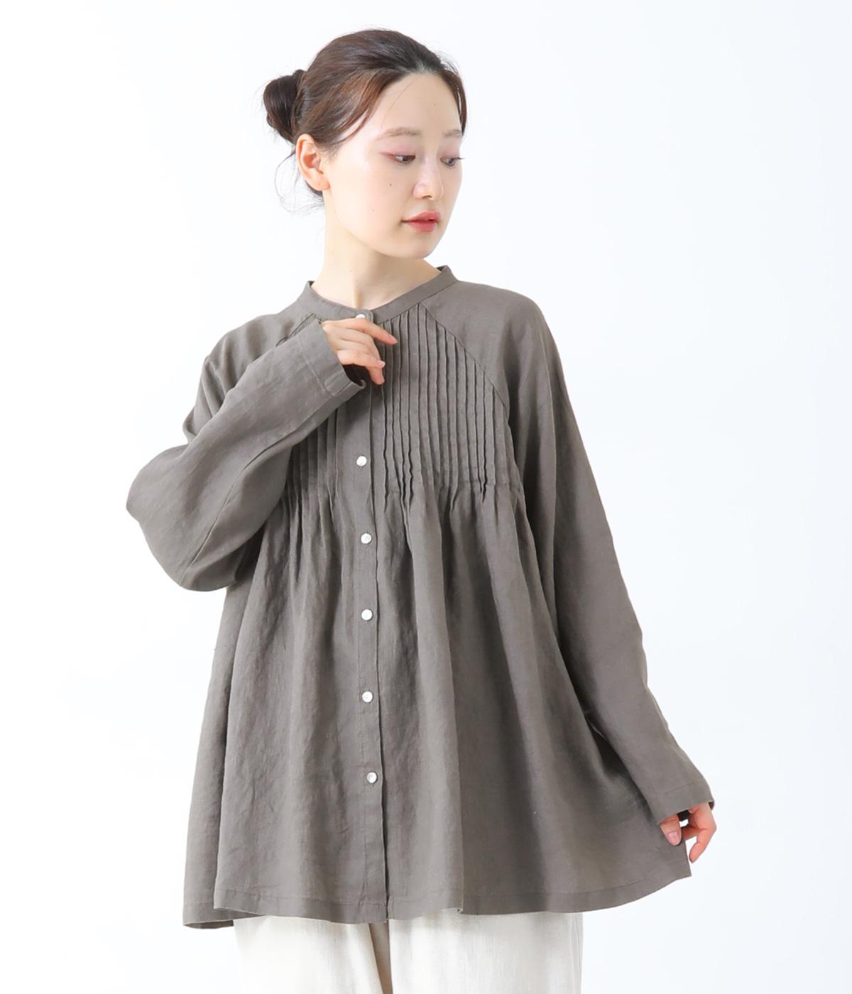 14番手リネンラグラン袖ピンタックブラウス(チャコール-F)