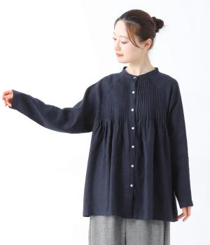 14番手リネンラグラン袖ピンタックブラウス(ネイビー-F)