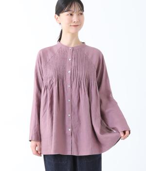 14番手リネンラグラン袖ピンタックブラウス(ダスティパープル-F)