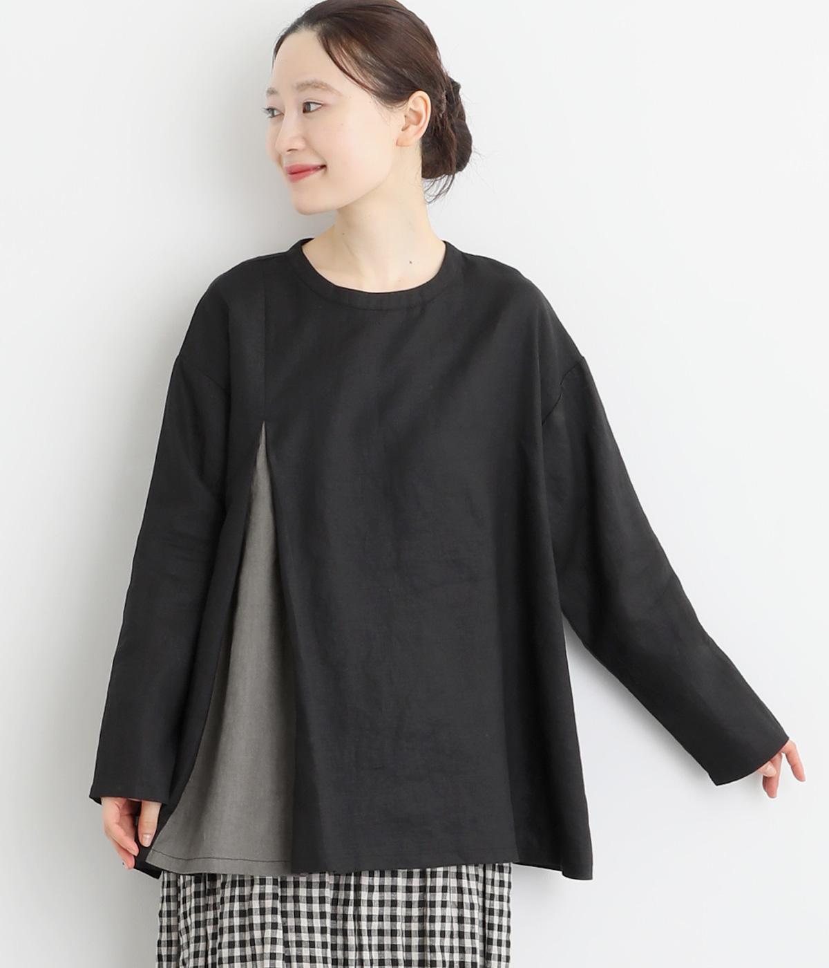 14番手リネン配色切り替えプルオーバー(ブラック×チャコール-F)