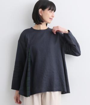 14番手リネン配色切り替えプルオーバー(ネイビー×ブラックウォッチ-F)