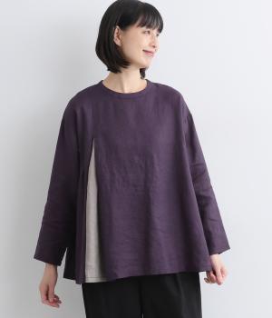 14番手リネン配色切り替えプルオーバー(パープル×アッシュグレー-F)