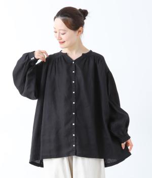 14番手リネンＶネックギャザーブラウス(ブラック-F)
