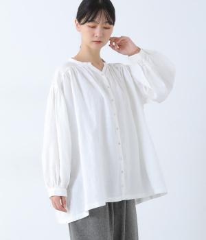 14番手リネンＶネックギャザーブラウス(オフ-F)