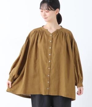 14番手リネンＶネックギャザーブラウス(マスタード-F)