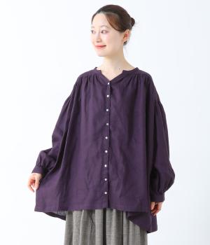 14番手リネンＶネックギャザーブラウス(パープル-F)