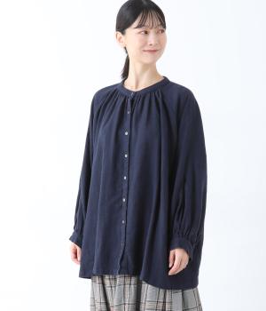 コットンリネン袖切り替えブラウス(ネイビー-F)