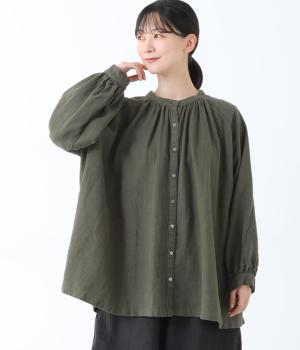 コットンリネン袖切り替えブラウス(カーキ-F)