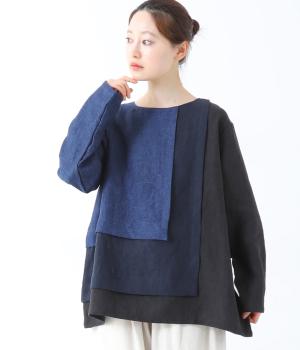 9番手リネン3色重ねプルオーバー