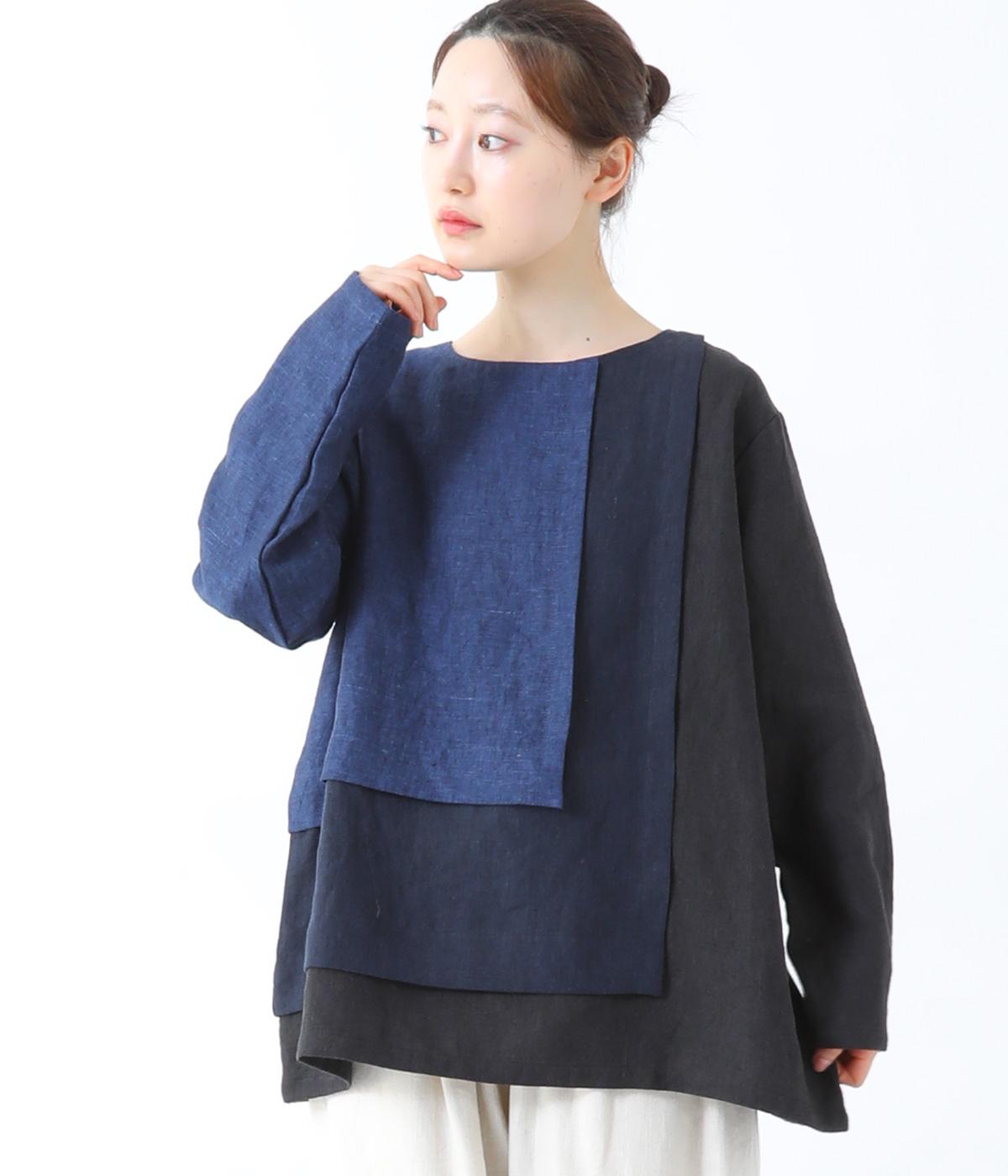 9番手リネン3色重ねプルオーバー(インディゴ×ネイビー×ブラック-F)