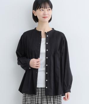 コットンリネンピンタック前あきブラウス(ブラック-F)