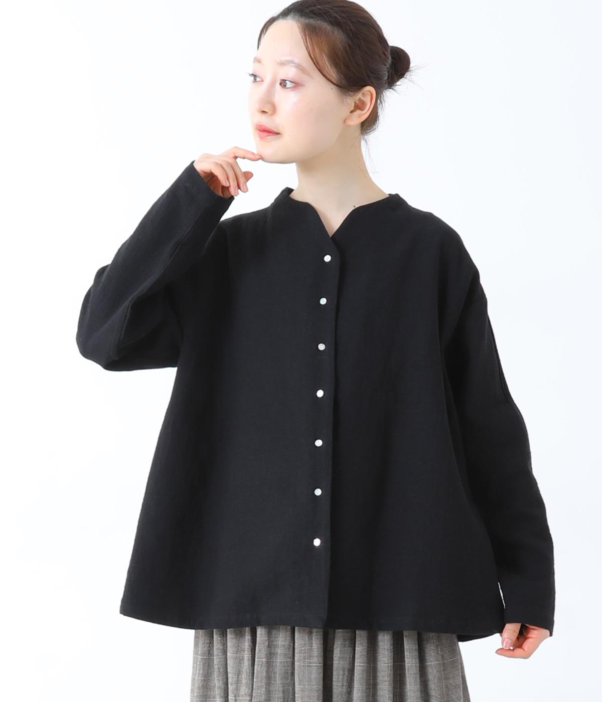 コットンリネンダブルガーゼ前あきブラウス(ブラック-F)