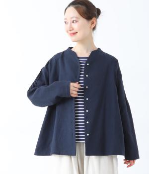 コットンリネンダブルガーゼ前あきブラウス(ネイビー-F)