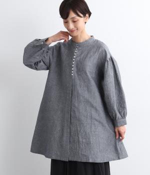 コットンリネンオックス多ボタンチュニック(ブルーグレー-F)