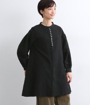 コットンリネンオックス多ボタンチュニック(ブラック-F)
