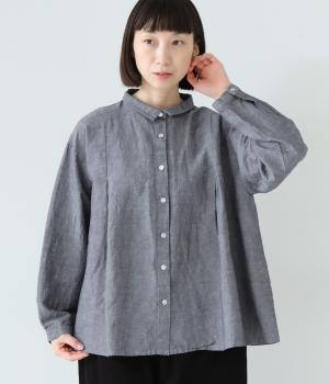 コットンリネンオックスシャツ襟付きブラウス(ブルーグレー-F)