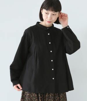 コットンリネンオックスシャツ襟付きブラウス(ブラック-F)