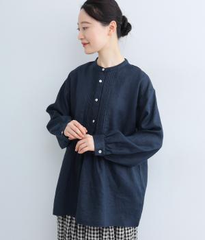 14番手リネンピンタックデザインヘンリーあきブラウス(ネイビー-F)
