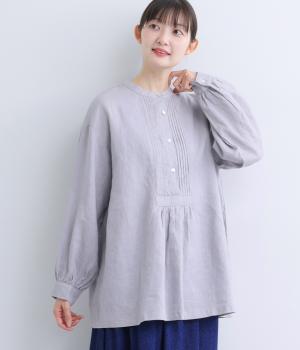 14番手リネンピンタックデザインヘンリーあきブラウス(スチールグレー-F)