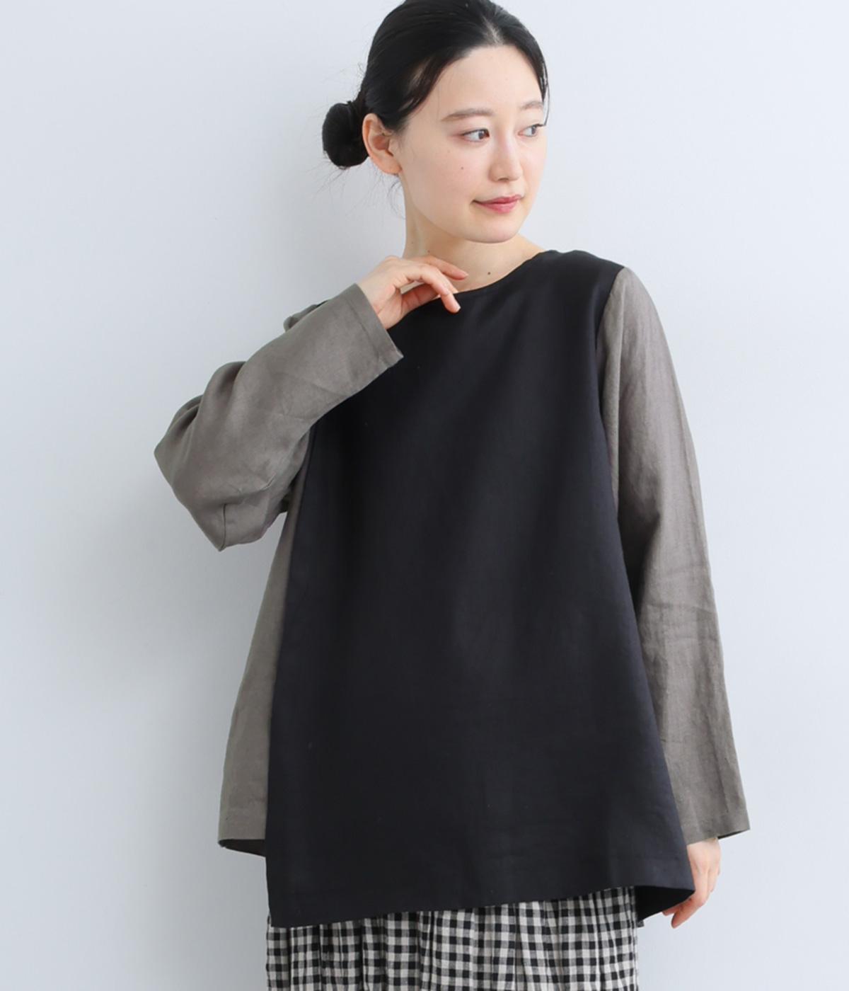 14番手リネン配色重ねプルオーバー(ブラック×チャコール-F)