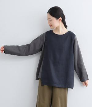 14番手リネン配色重ねプルオーバー(ネイビー×アッシュグリーン-F)