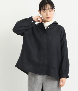 14番手リネンラウンド襟比翼あきブラウス(ネイビー-F)