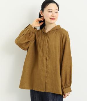 14番手リネンラウンド襟比翼あきブラウス(マスタード-F)