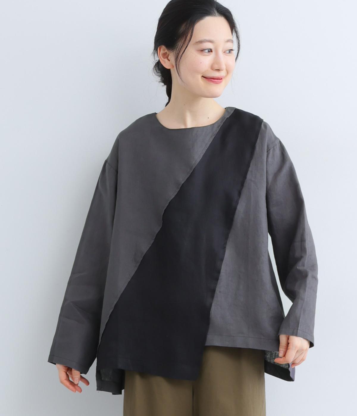 14番手リネンスラッシュ切り替えプルオーバー(アッシュグリーン×ブラック-F)