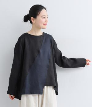 14番手リネンスラッシュ切り替えプルオーバー(ブラック×ネイビー-F)