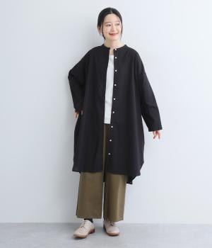 コットンリネンバンド襟チュニック(ブラック-F)
