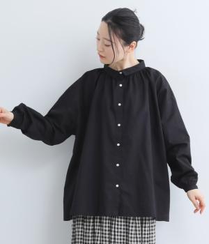 コットンリネンちび襟シャツブラウス(ブラック-F)