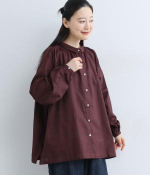 コットンリネンちび襟シャツブラウス(ボルドー-F)