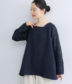 9番手リネン配色切り替えプルオーバー(ネイビー×ブラックウォッチ-F)