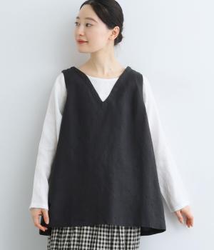 9番手リネン配色切り替えプルオーバー(ブラック×オフ-F)