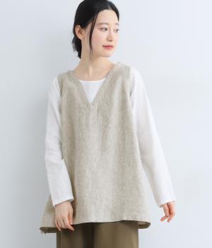 9番手リネン配色切り替えプルオーバー(グレージュ×オフ-F)