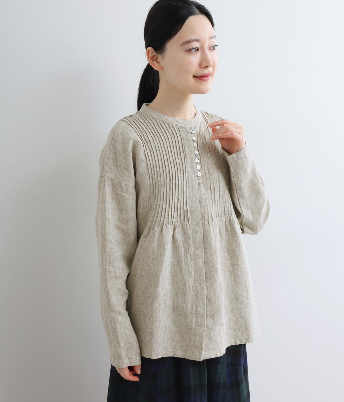 9番手リネンピンタック比翼あきブラウス(グレージュ-F)