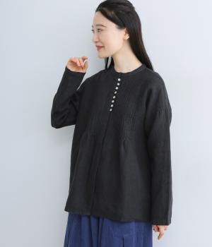 9番手リネンピンタック比翼あきブラウス(ブラック-F)