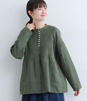 9番手リネンピンタック比翼あきブラウス(モスグリーン-F)