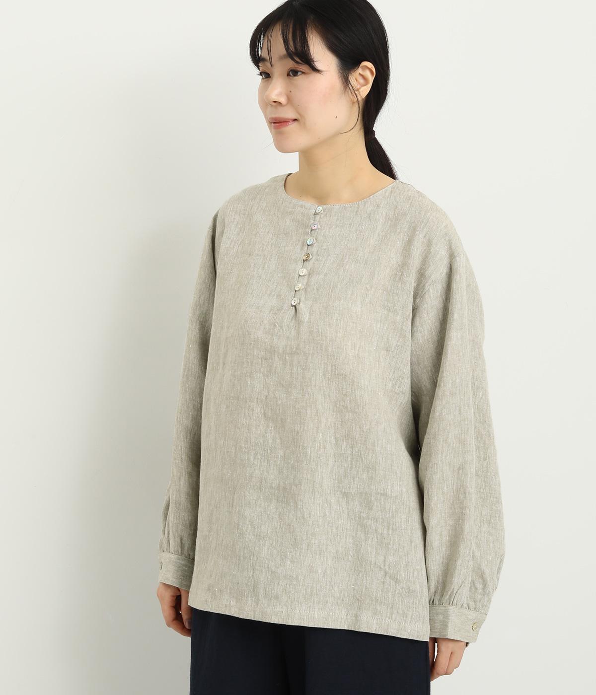 9番手リネン多ボタンブラウス(グレージュ-F)