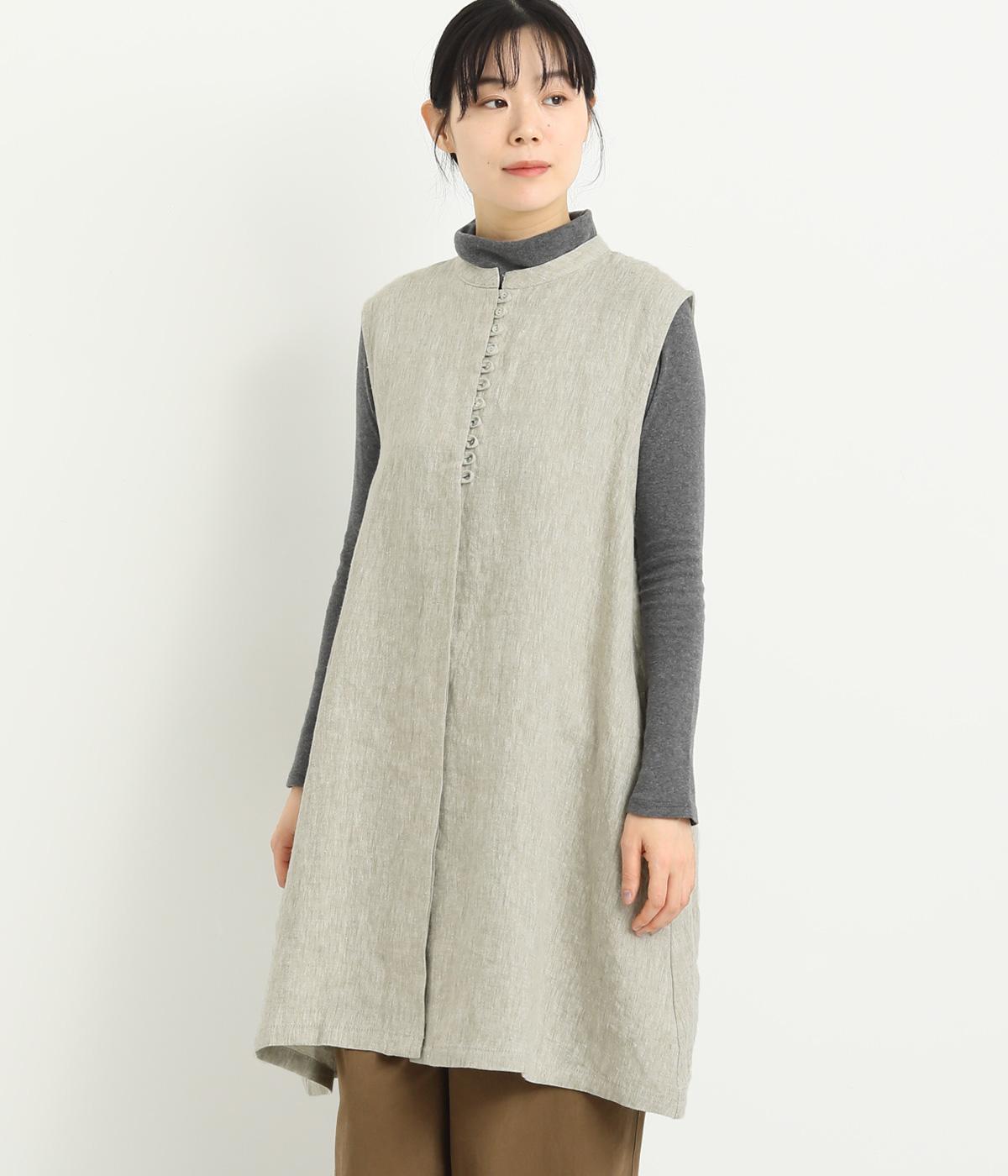 9番手リネン比翼あきロングベスト(グレージュ-F)