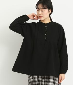 コットンリネンダブルガーゼ多ボタンプルオーバー(ブラック-F)