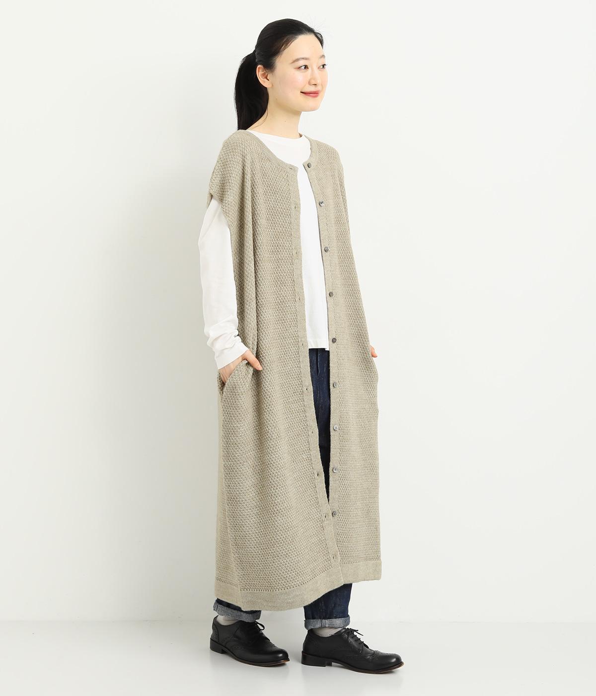 アクリルウール鹿の子編みロングベスト(ベージュ-F)